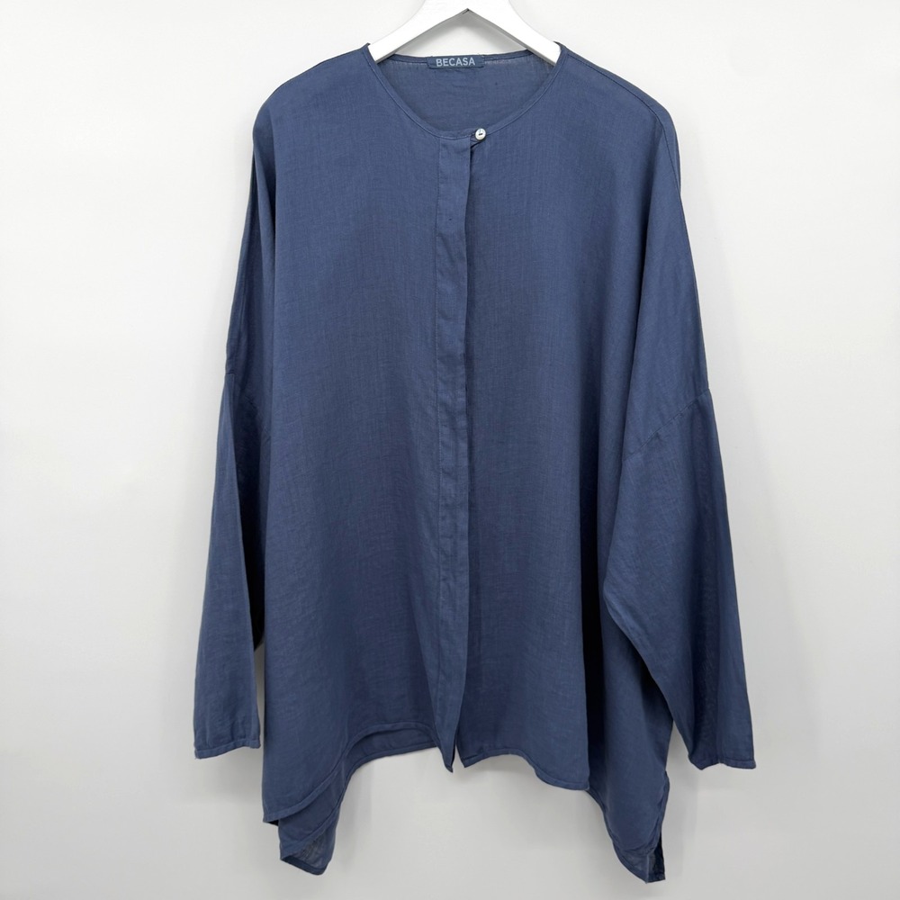 Becasa Oversized Sunset Linen Shirt One Size Catalina Blue Lagenlook Coastal